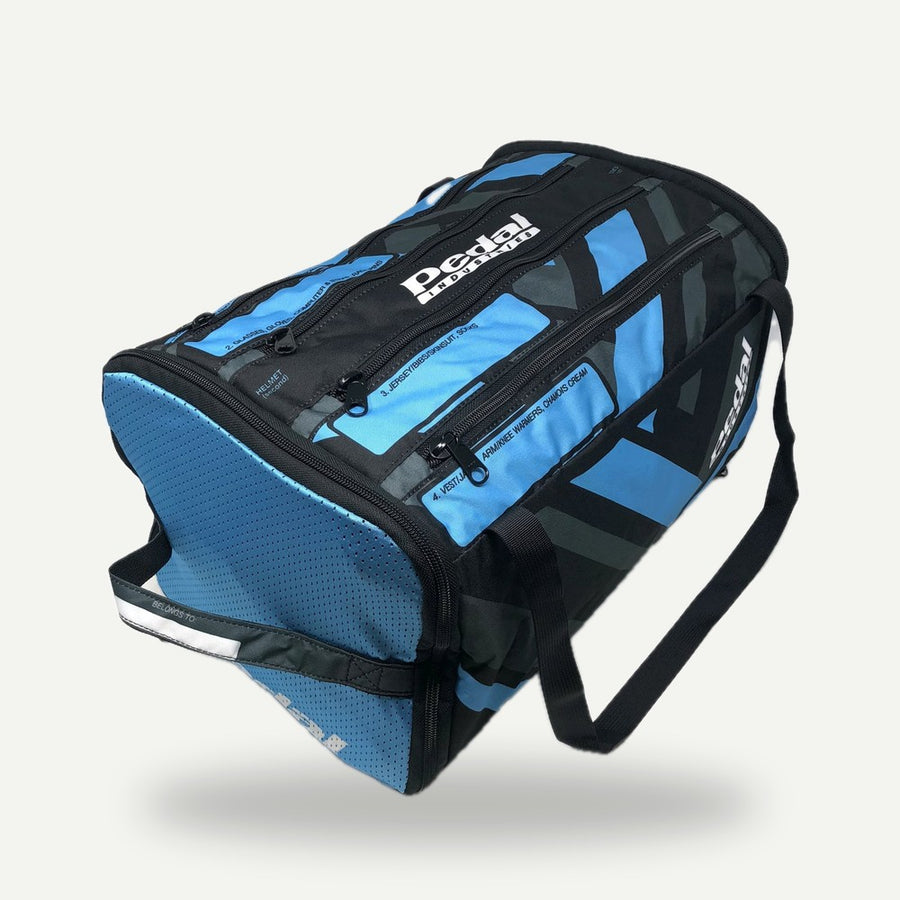 A blue PEDAL RaceDay Bag